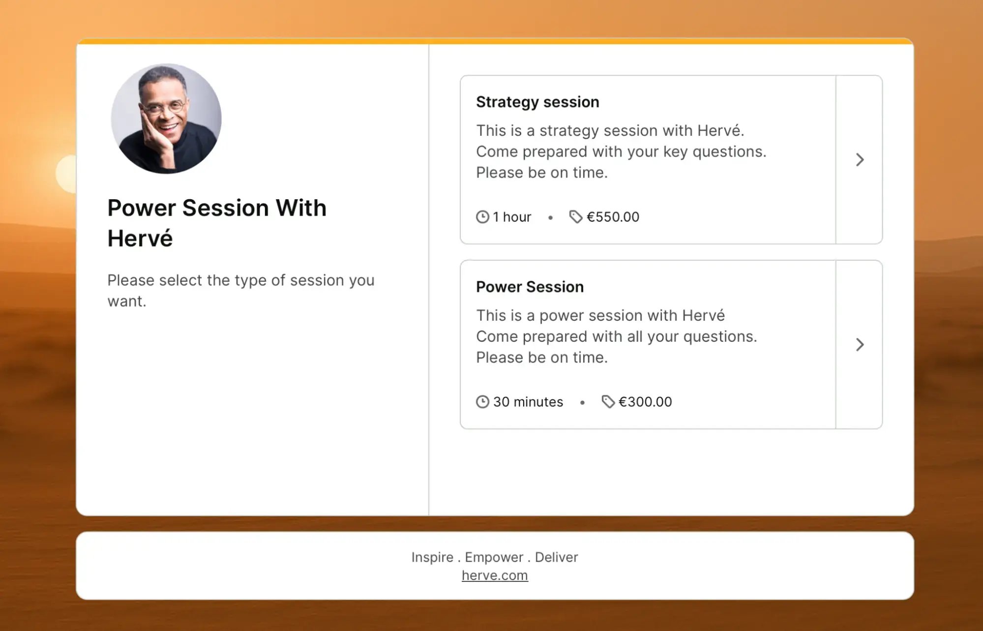 herve coaching booking page with appointment types