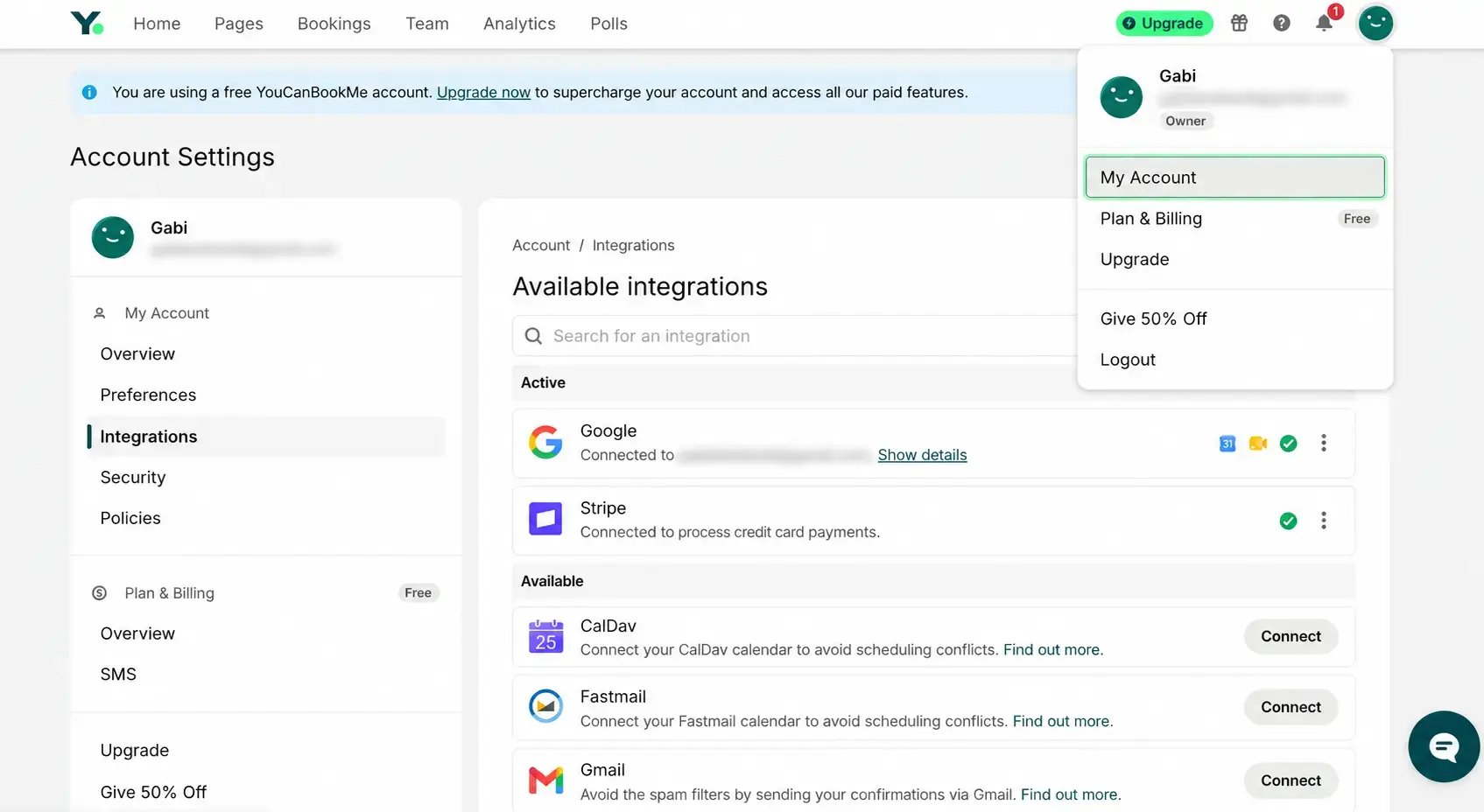 Stripe integration shown in available integrations in YouCanBookMe dashboard