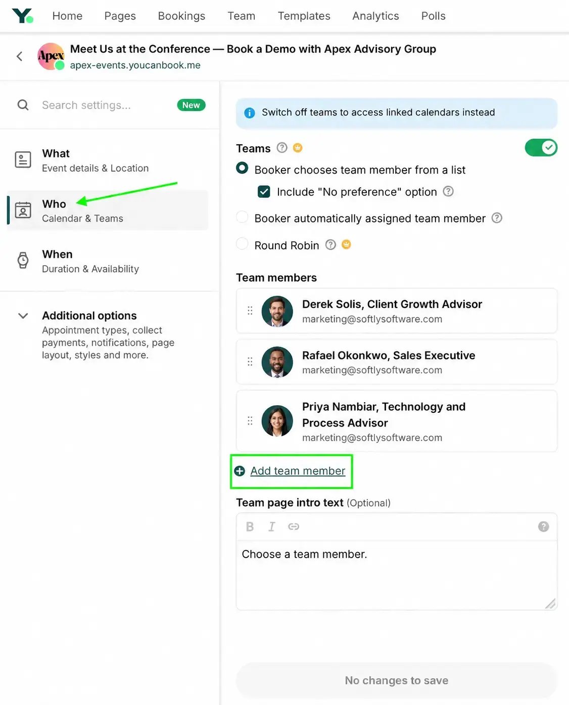 Setting up team members in YouCanBookMe for a conference booking page