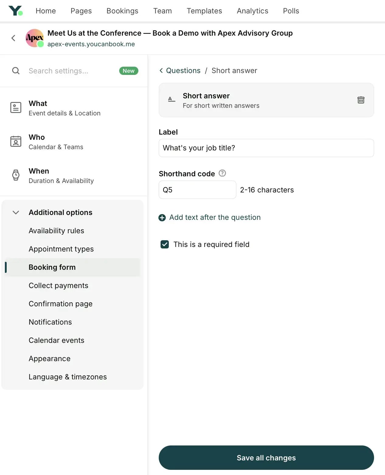 adding a booking form question in YouCanBookMe