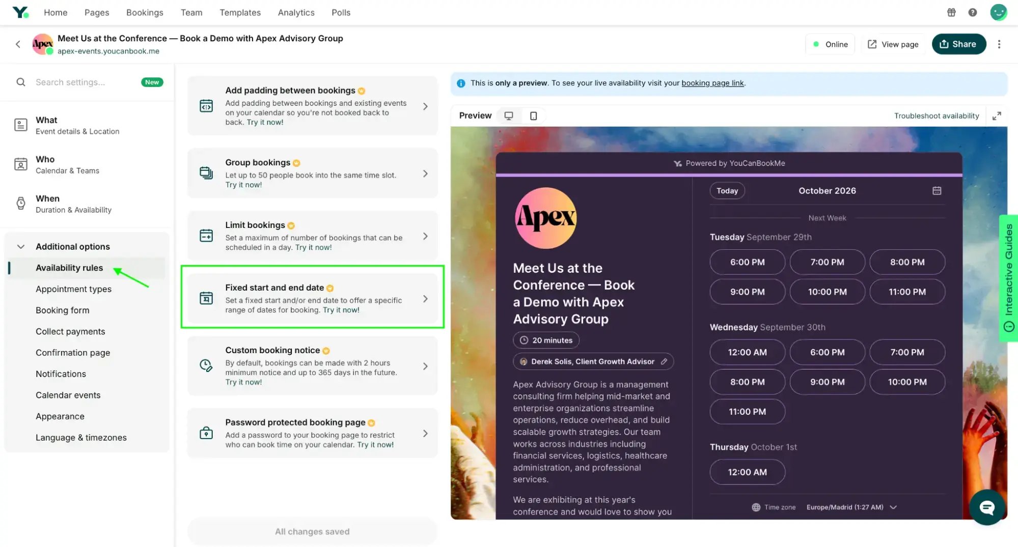 Setting a fixed start and end date for your conference booking page in YouCanBookMe