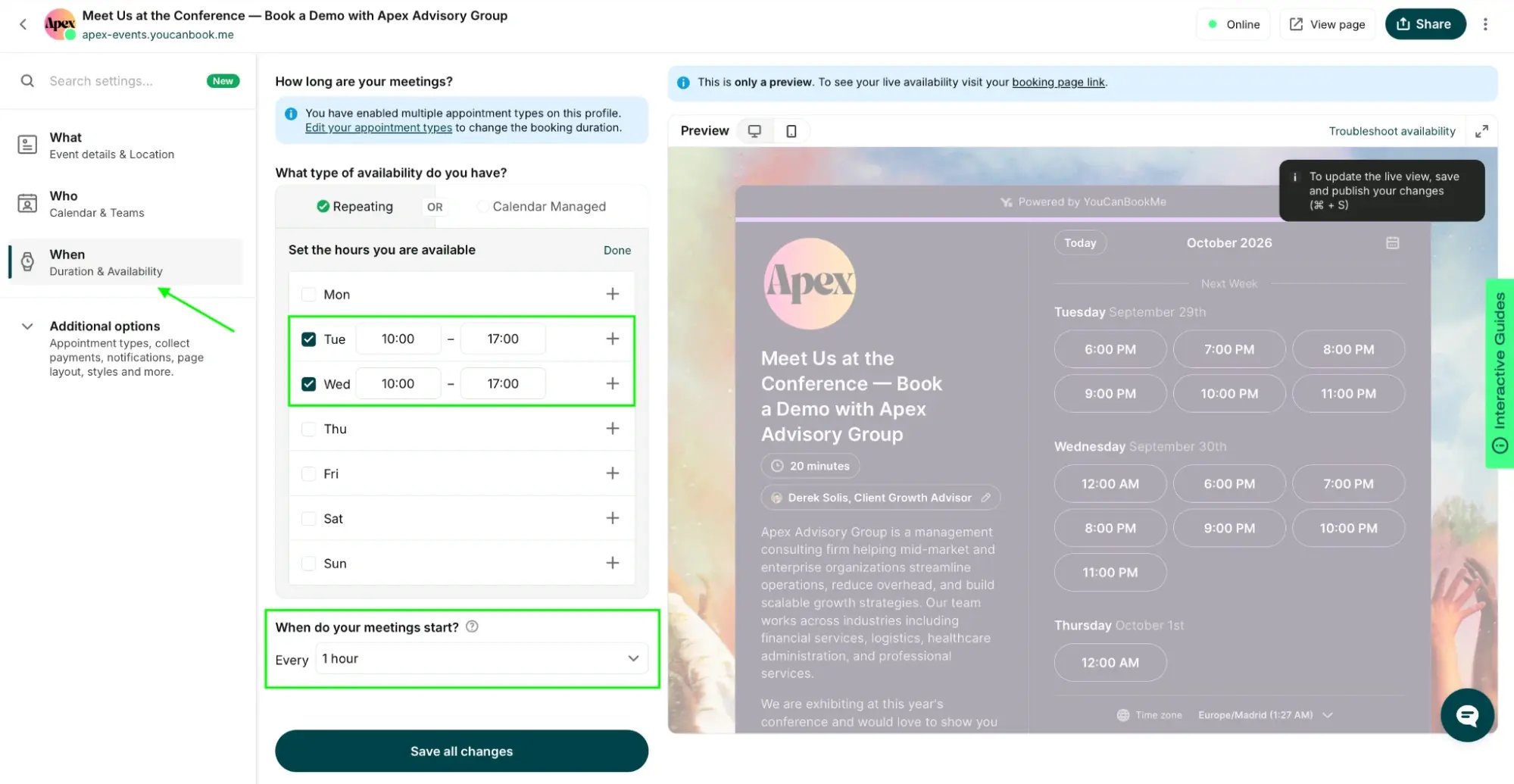 Setting conference availability on your YouCanBookMe booking page