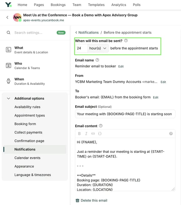 Create a reminder email in YouCanBookMe
