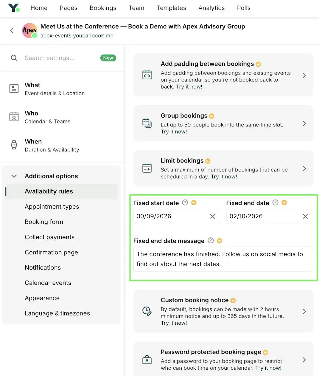 how to set up a fixed start and end date for your conference booking page in YouCanBookMe