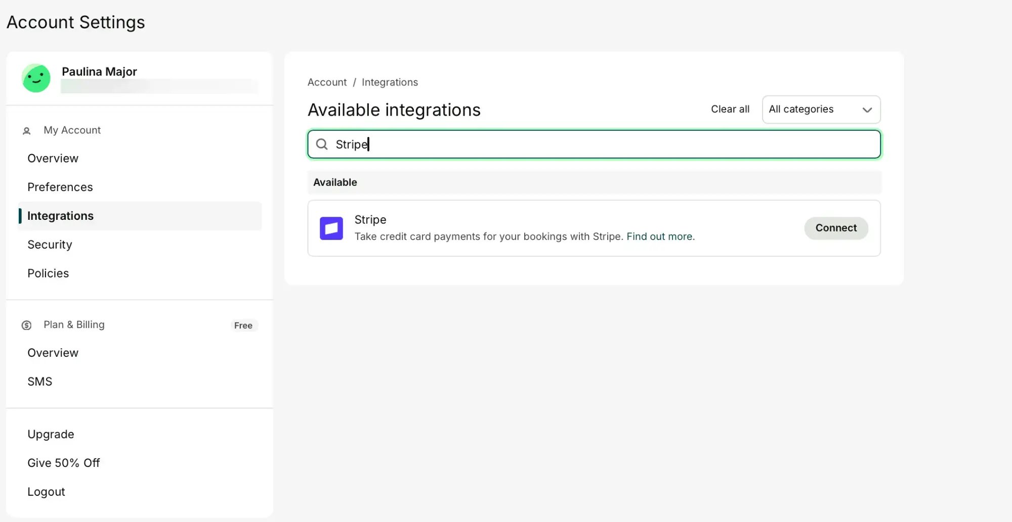 Where to find the Stripe integration in YouCanBookMe
