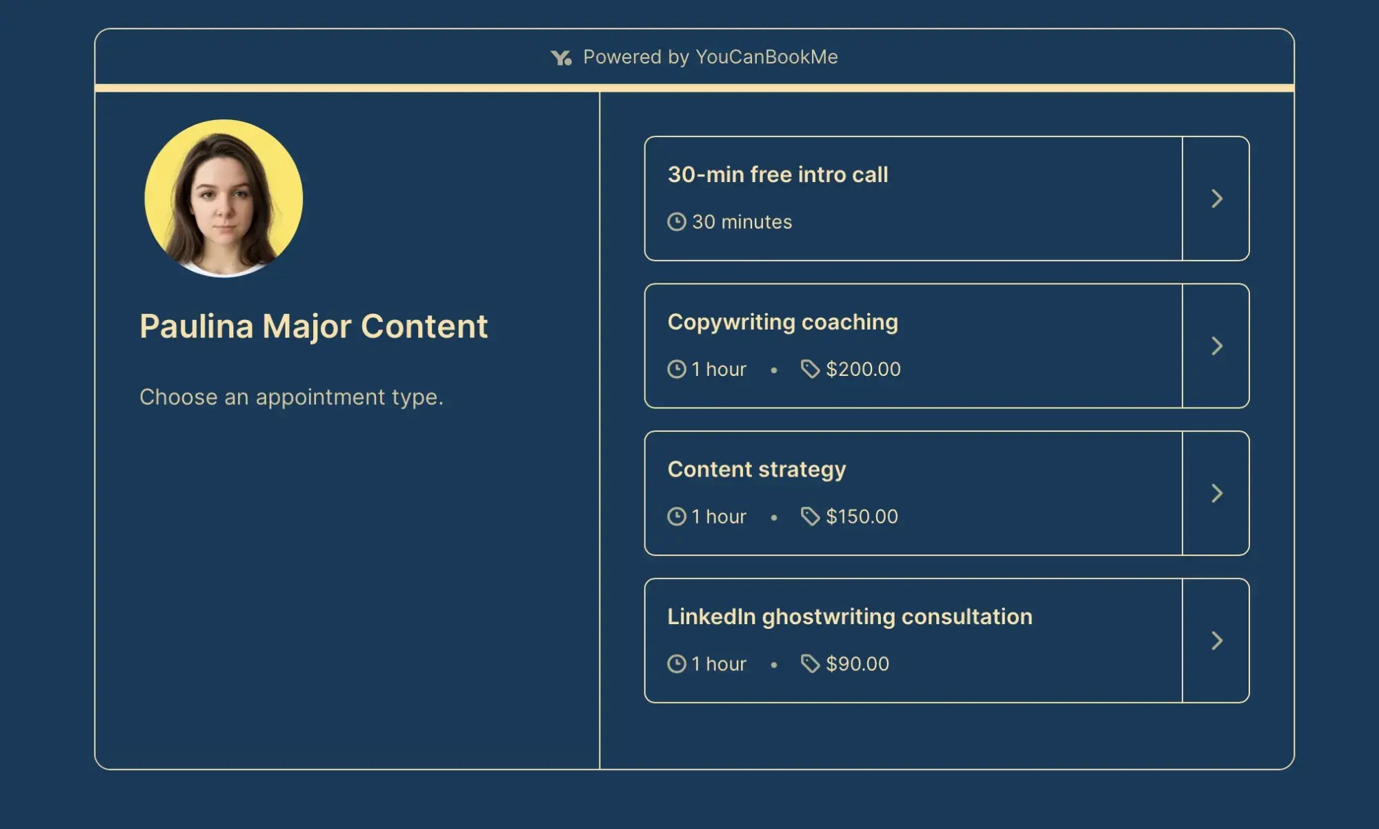 YouCanBookMe booking page with appointment types with different prices