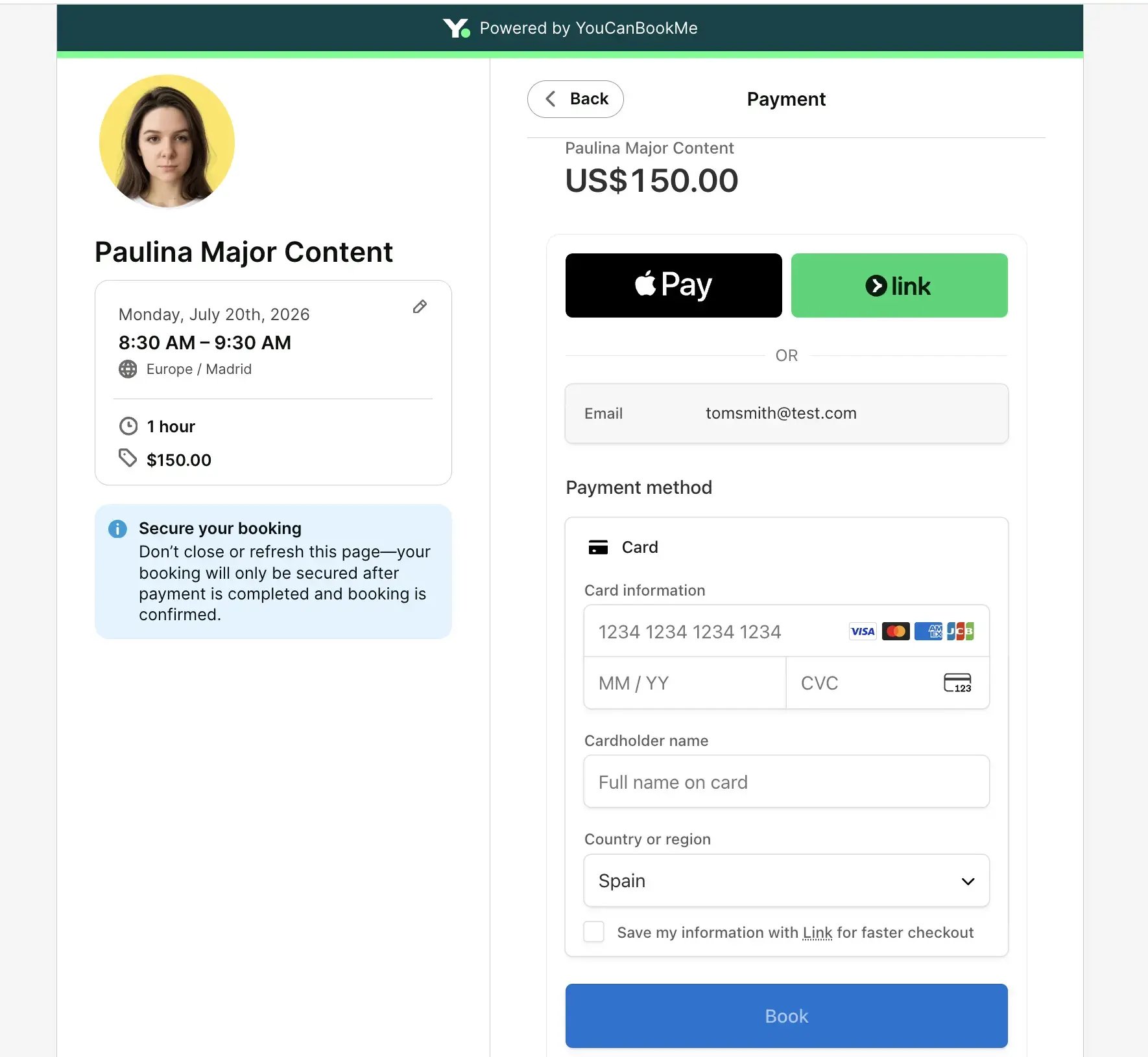 YouCanBookMe payment page so clients can book and pay in one step