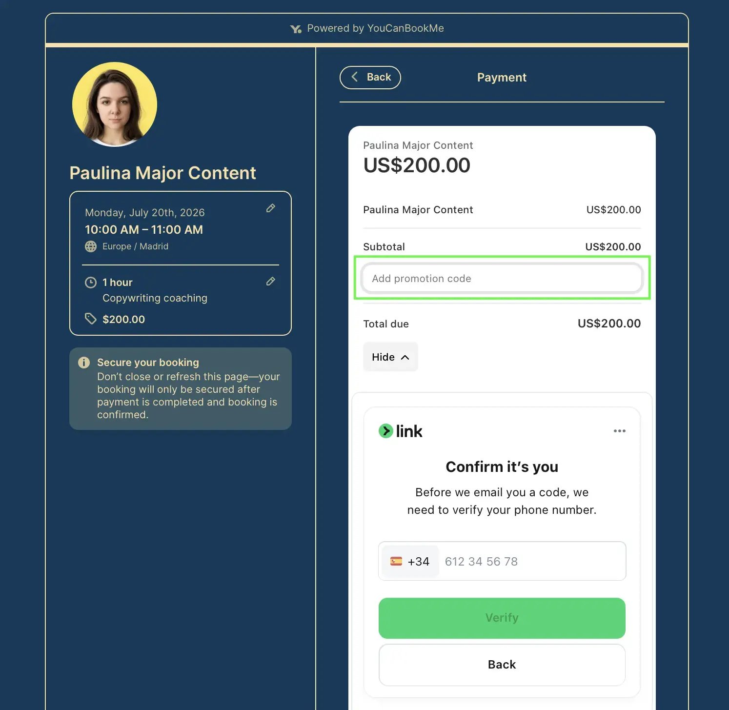 YouCanBookMe booking page checkout with stripe integration and promo code field highlighted