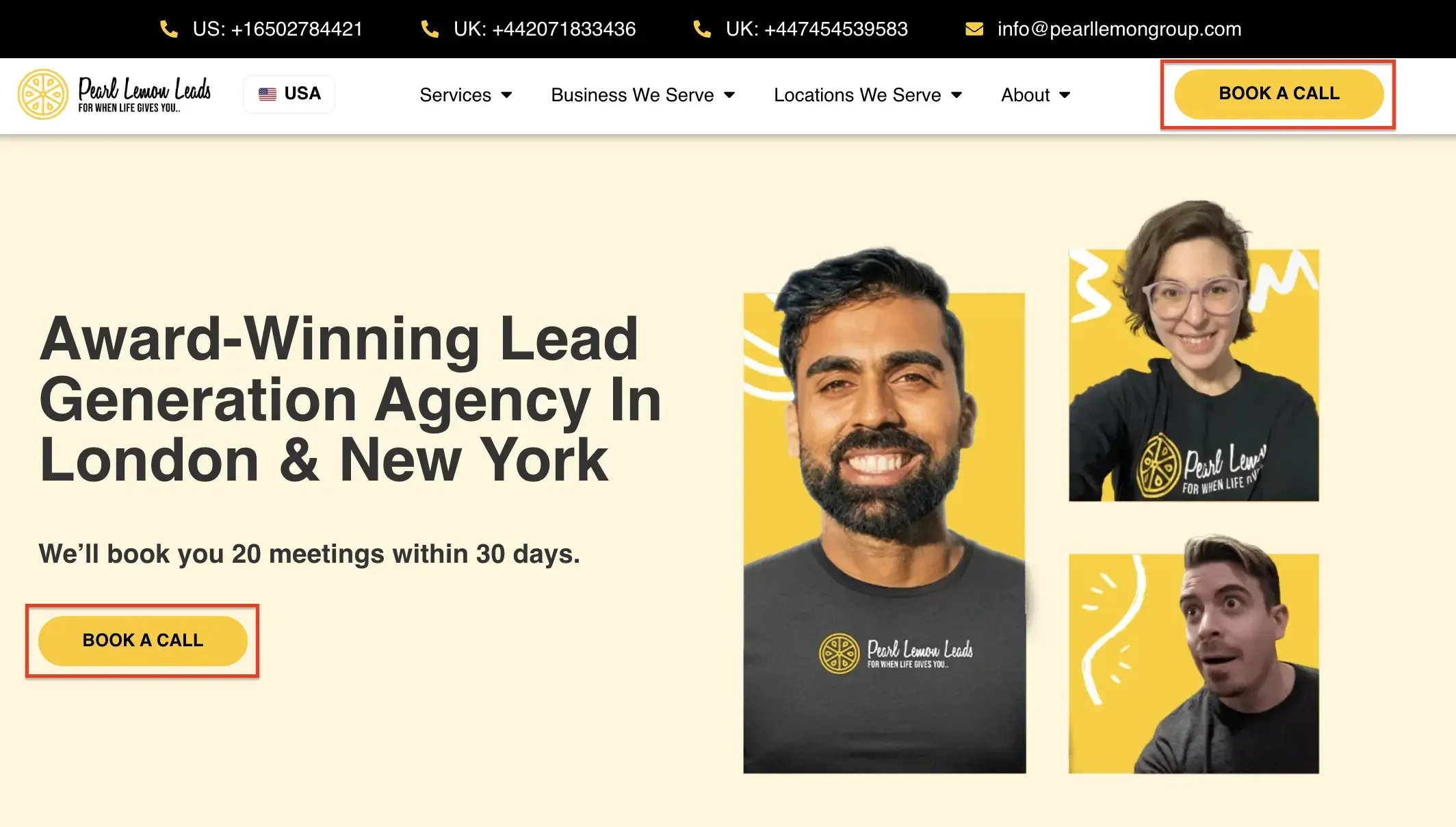 Book a call button on pearl lemon leads homepage made with youcanbookme's lead generation software
