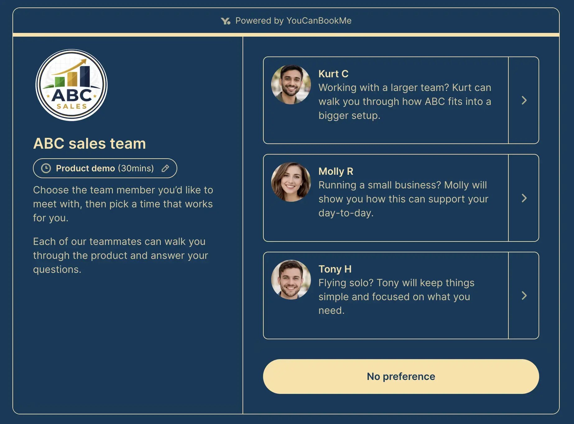 sales booking page example made with YouCanBookMe