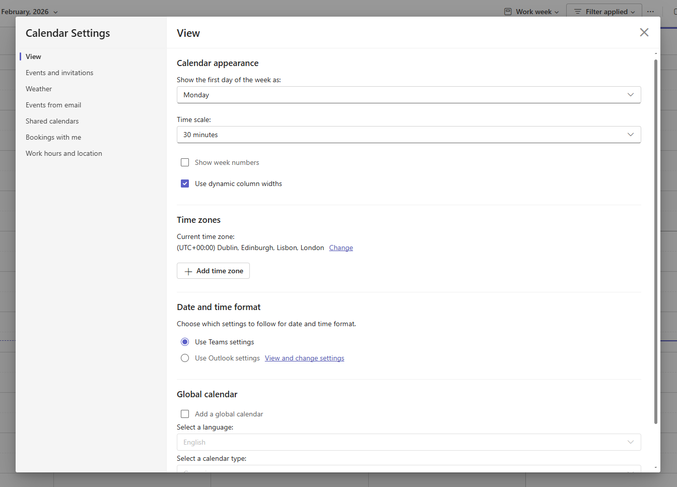 MS teams calendar settings