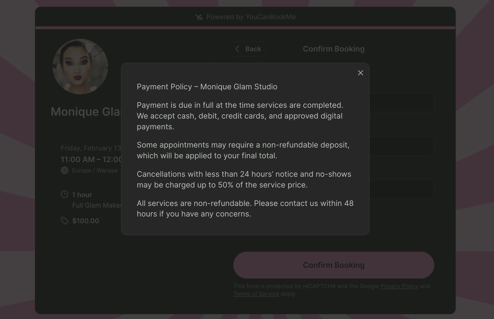 Salon payment policy included on a booking page made via YouCanBookMe