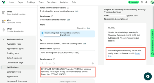 Conditional statements for hybrid schedule in YouCanBookMe notifications
