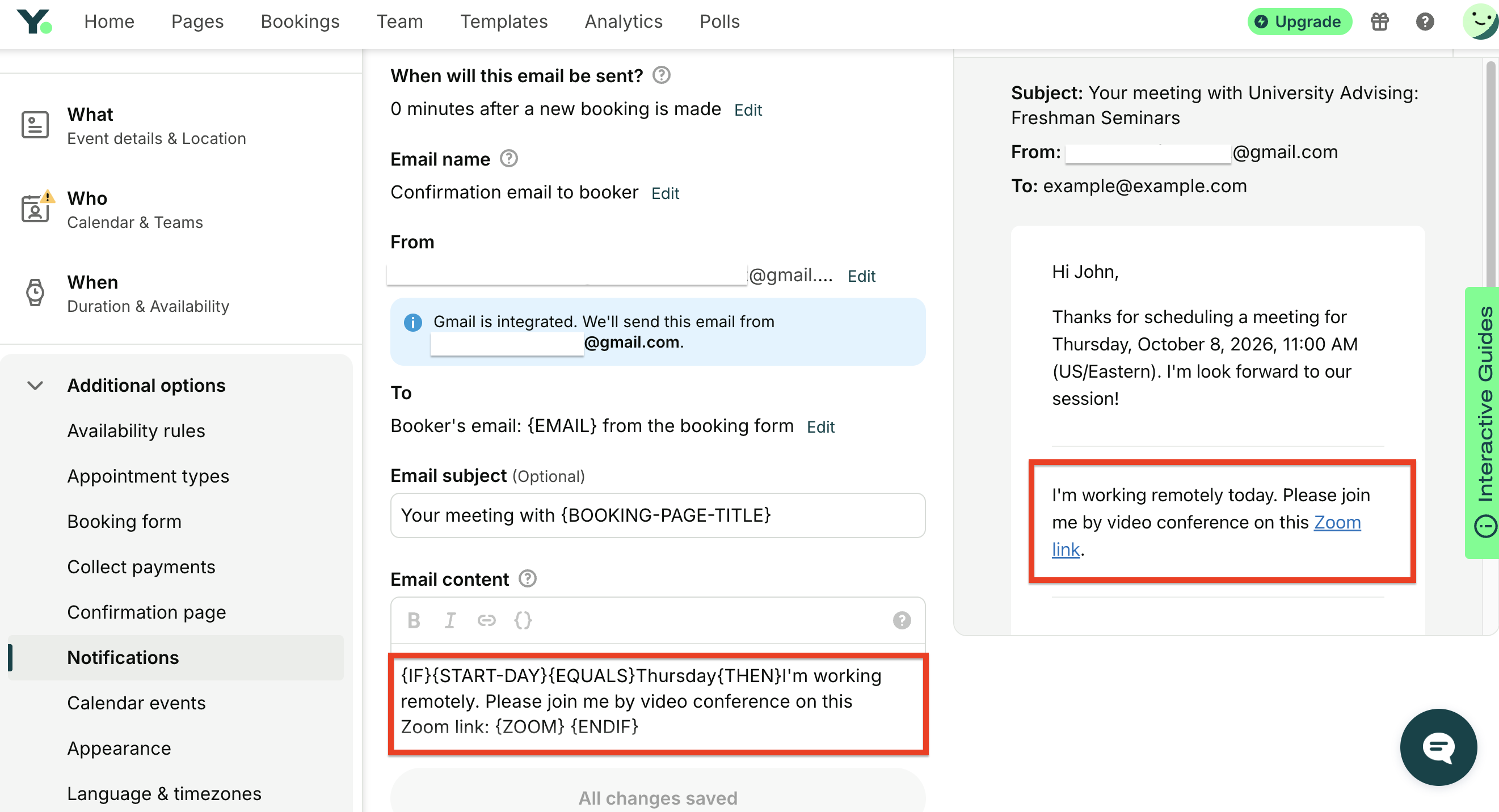 Conditional statements for hybrid schedule in YouCanBookMe notifications