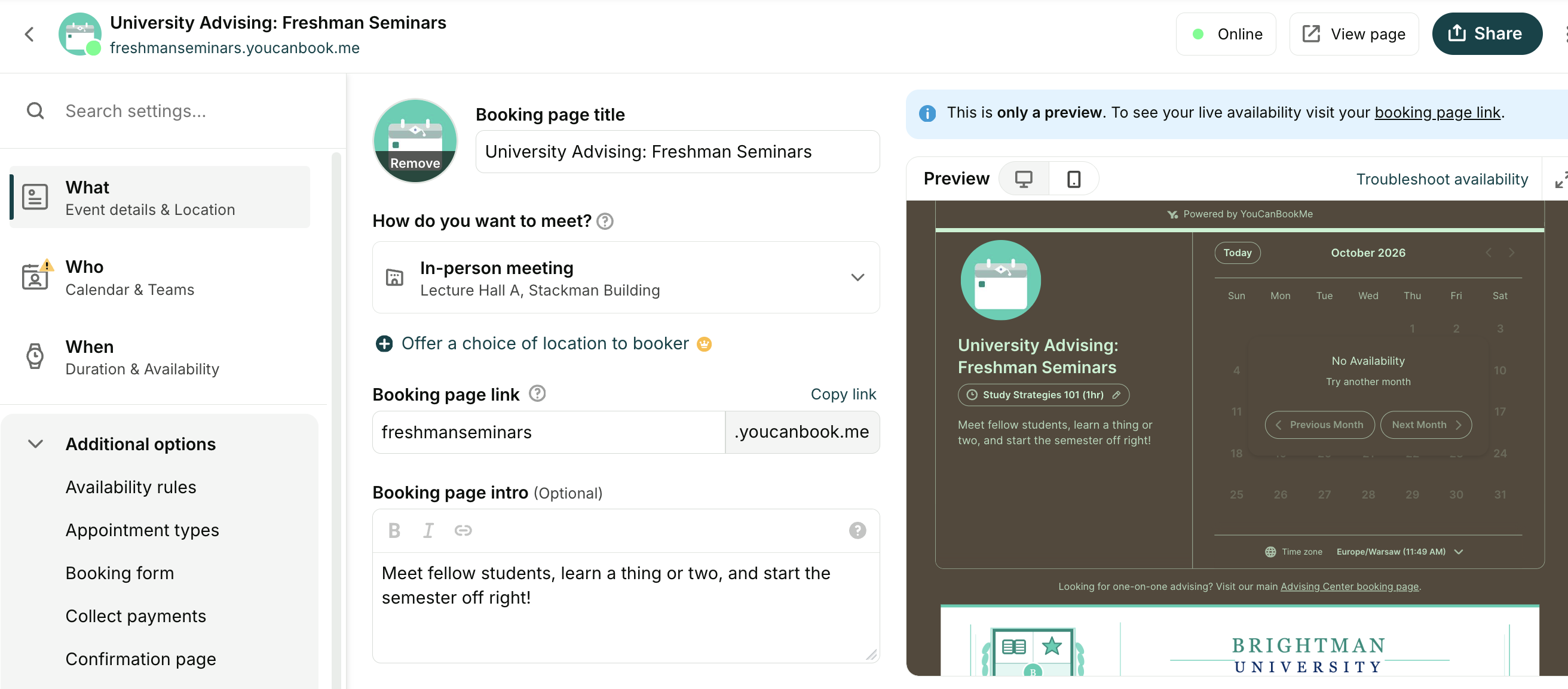 Student advising booking page settings in YouCanBookMe