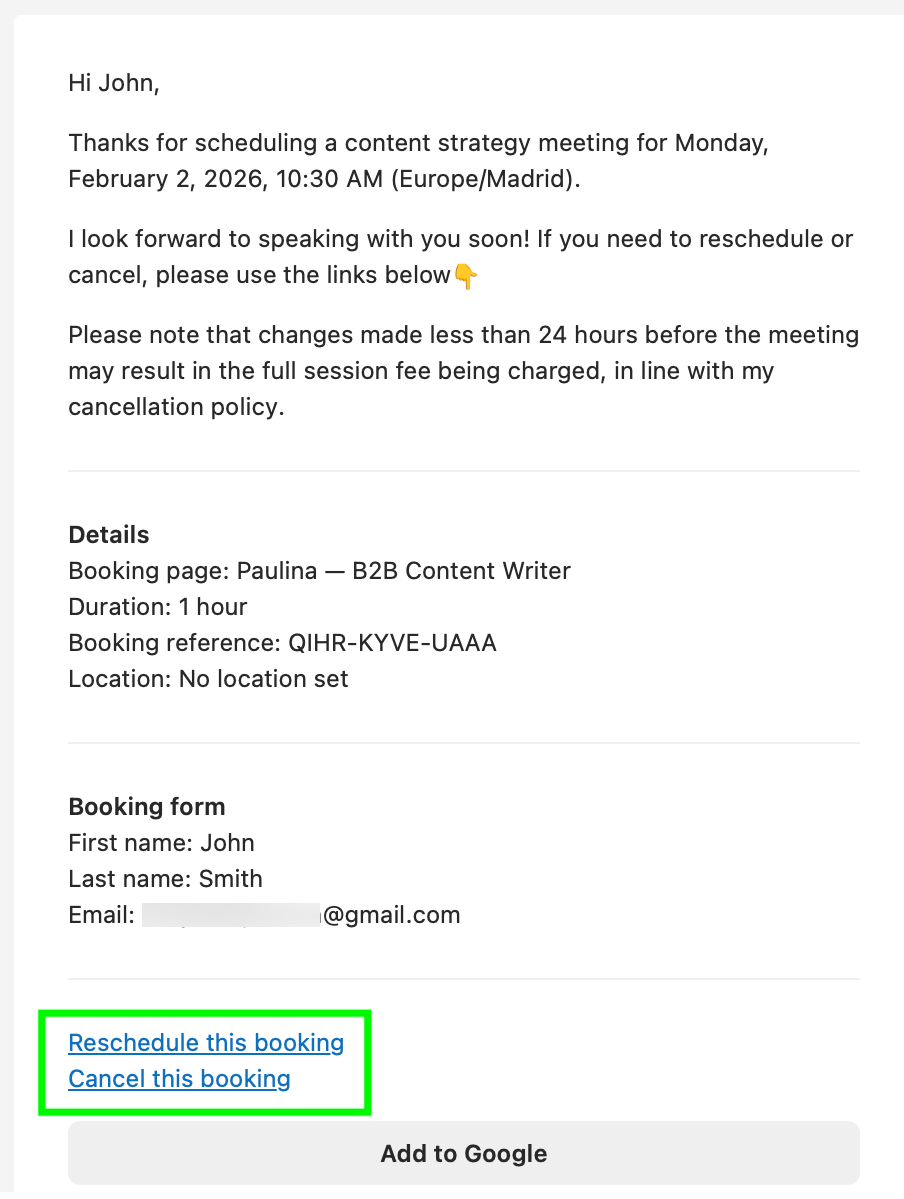 meeting confirmation email with reschedule and cancel links