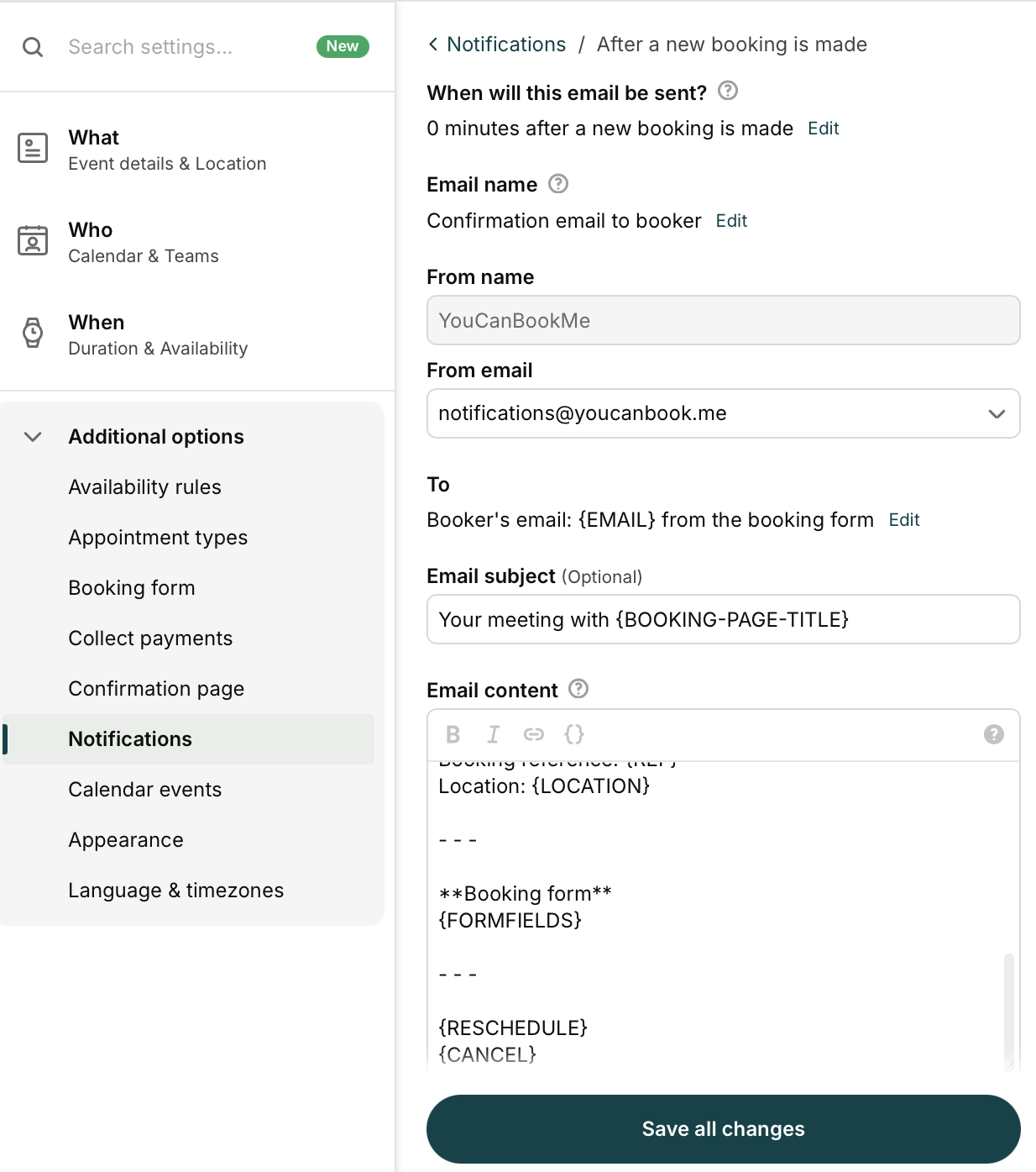 youcanbookme notification settings