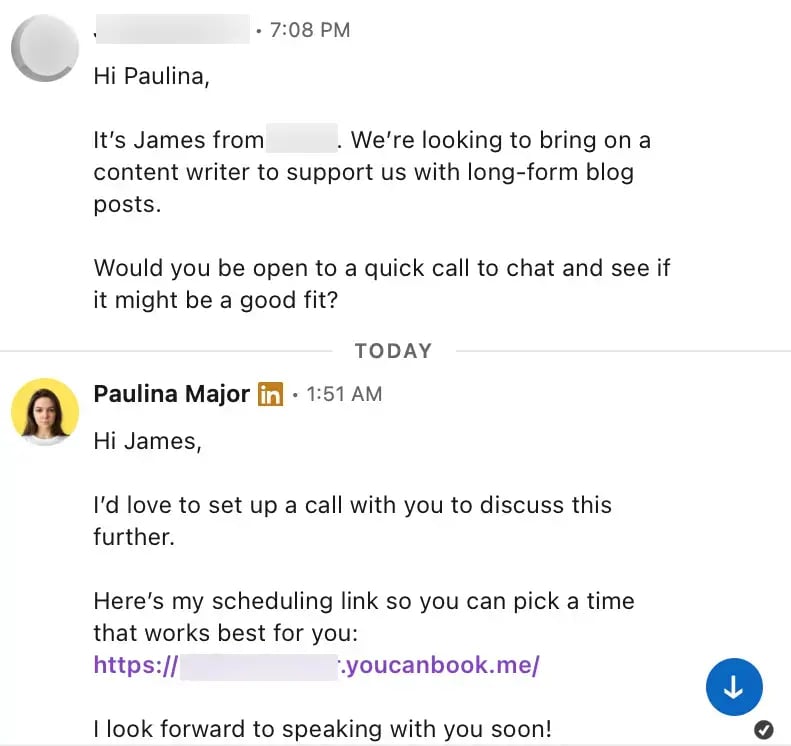 Example of sharing a booking link in a LinkedIn DM