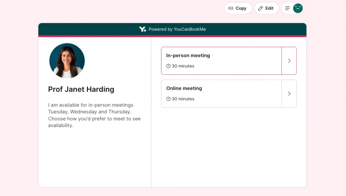 Hybrid scheduling booking page made with YouCanBookMe