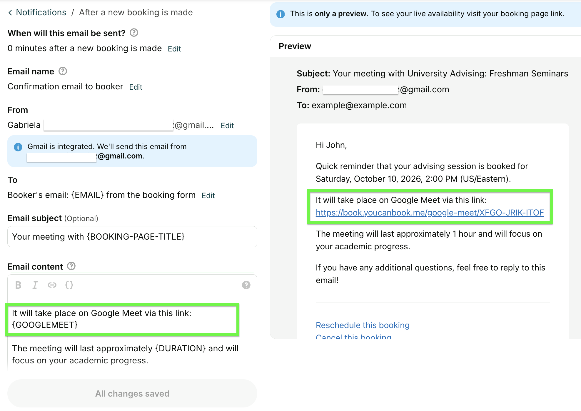 Automatically add unique google meet virtual meeting link to every email confirmation with YouCanBookMe