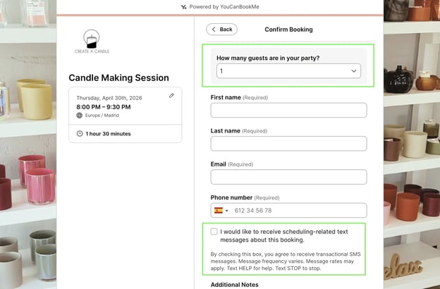 create a candle customized booking form with options to book groups and opt in for sms