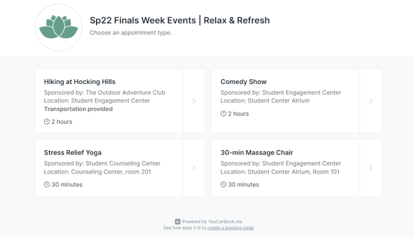 A booking page for finals week events created in YouCanBook.me’s school scheduling software