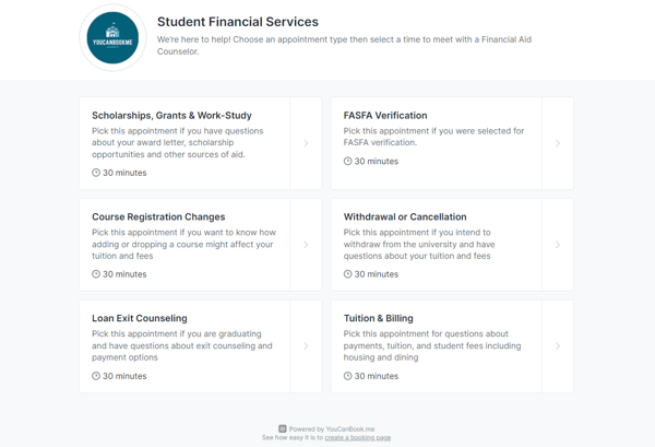 A booking page for student financial services appointments created in YouCanBook.me’s school scheduling software. 