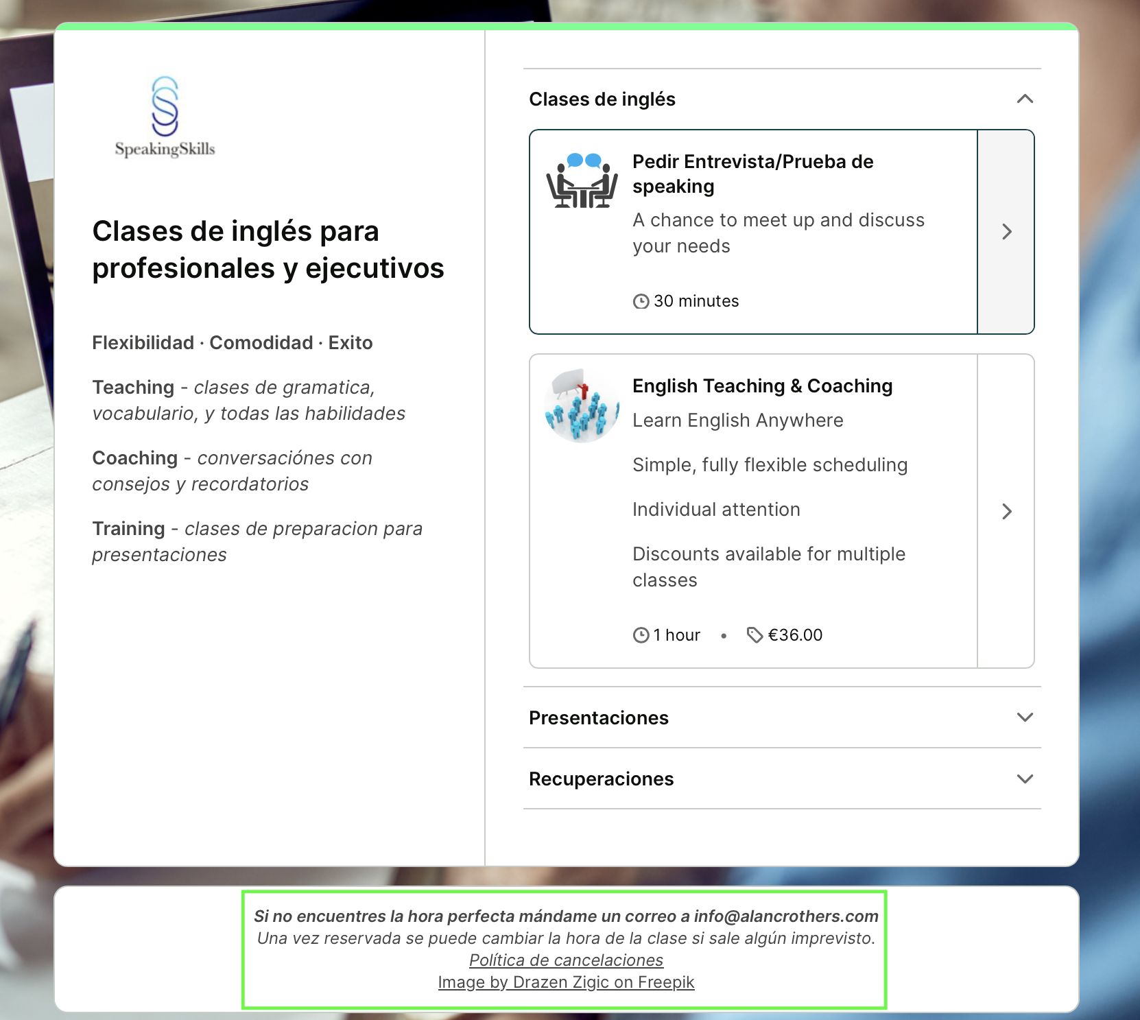 Alan booking page example