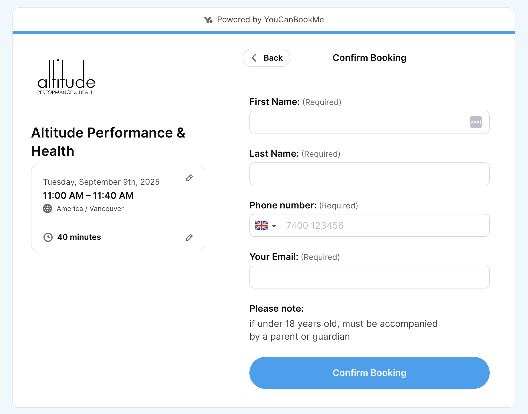 Altitude Performance & Healths YouCanBookMe booking form