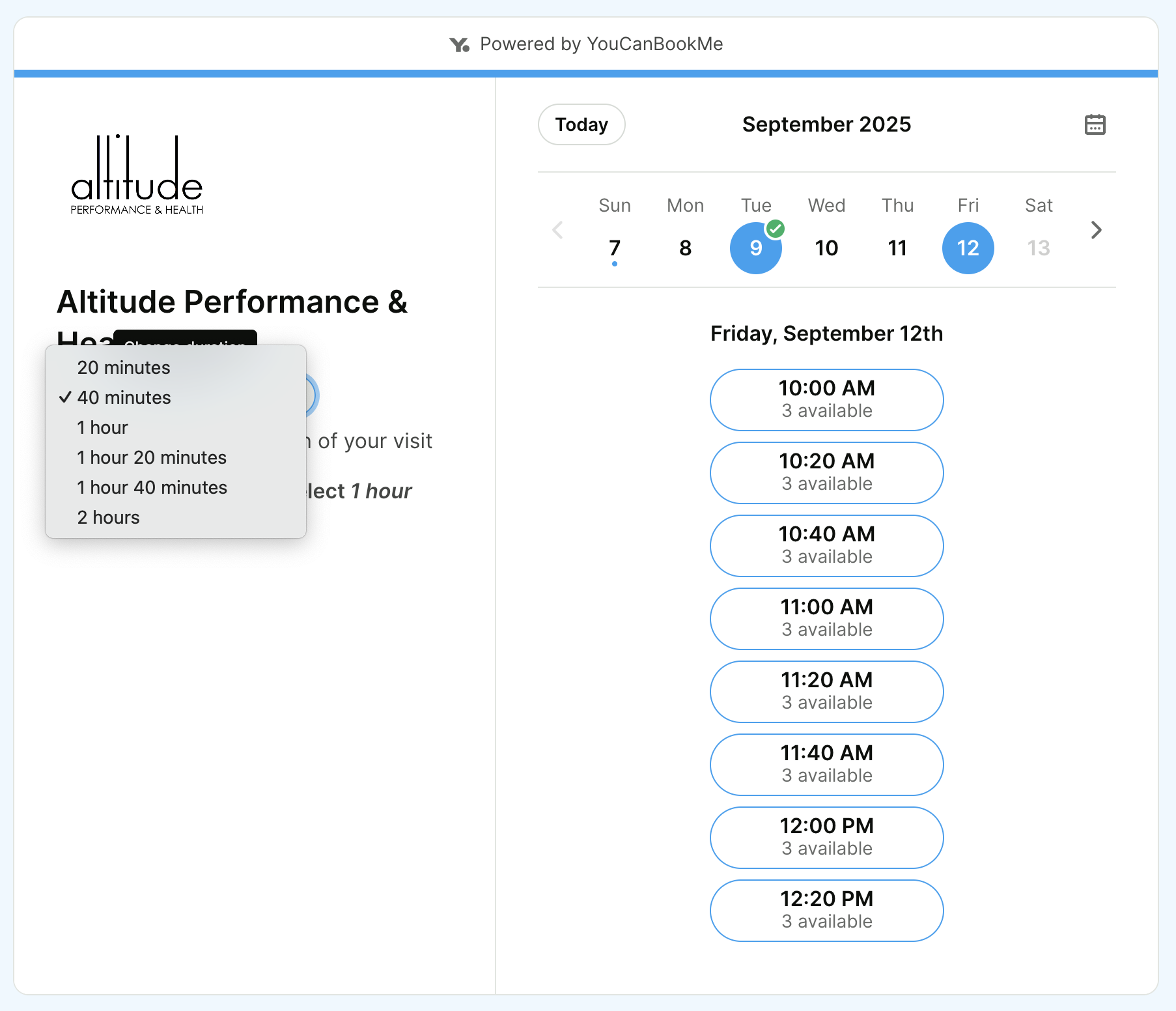 Altitude Performance & Healths YouCanBookMe booking page