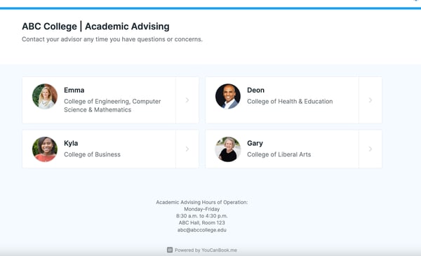 A team booking page for academic advising in the YouCanBook.me calendar scheduling tool.