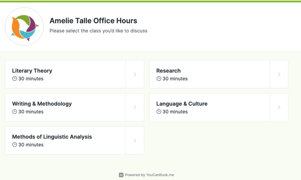 Scheduling tool YouCanBook.me lets college faculty offer students office hour appointments for various college courses. 