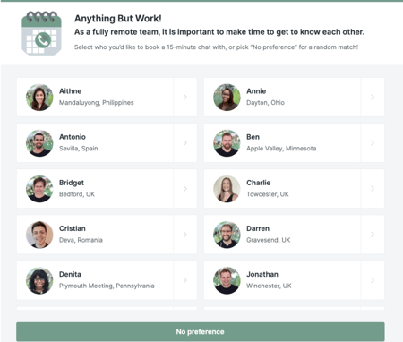 YouCanBook.me’s fully remote team uses a calendar scheduling tool to book a time to chat with each other