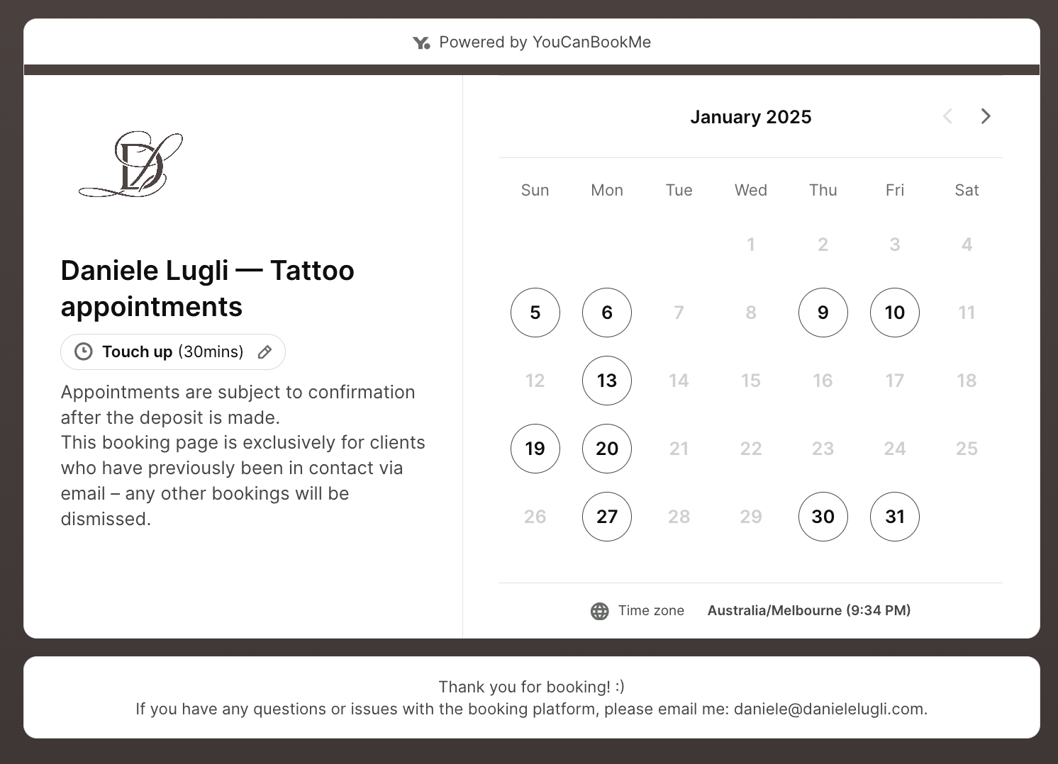 Booking page in YouCanBookMe tattoo scheduling app