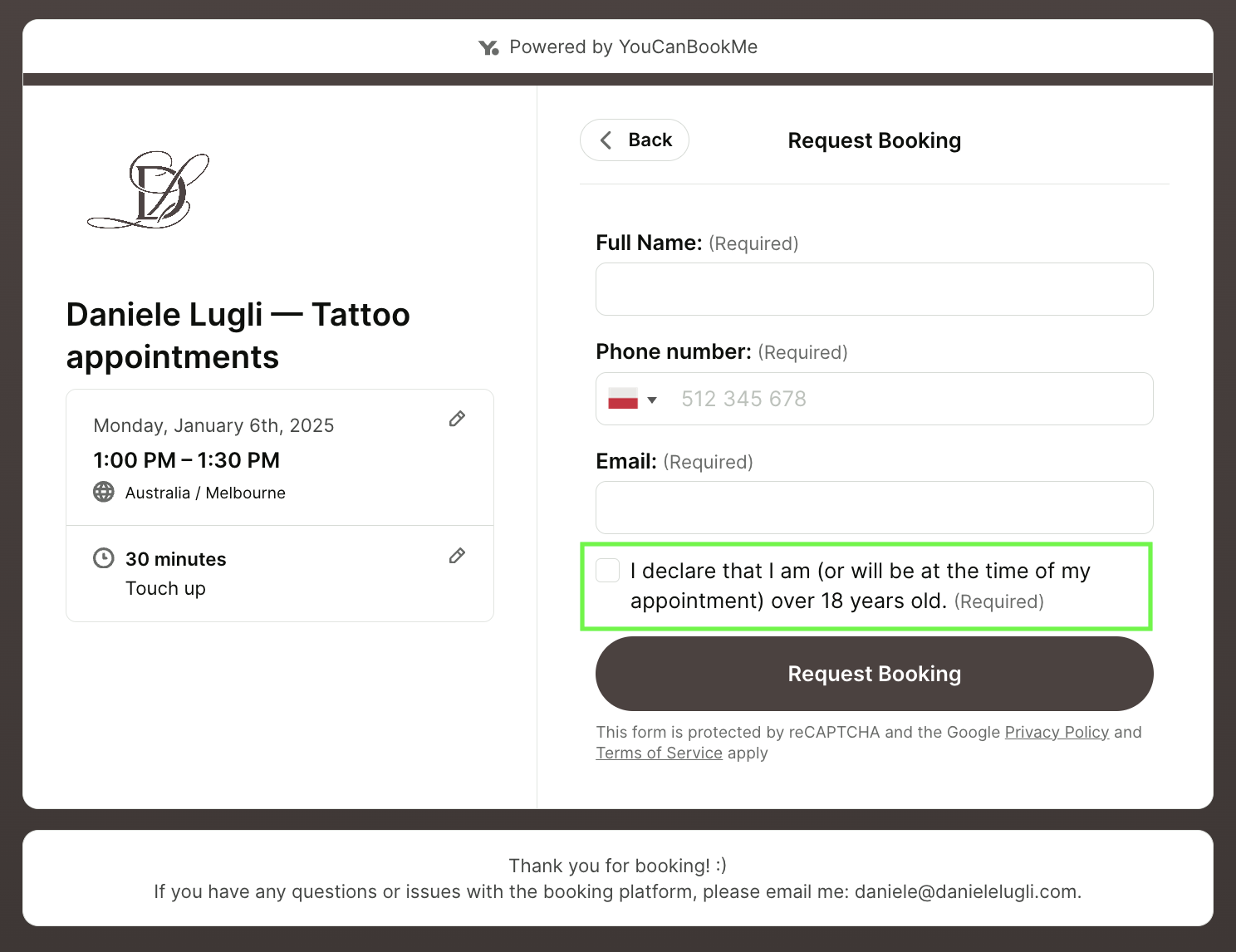 Tattoo scheduling app booking form