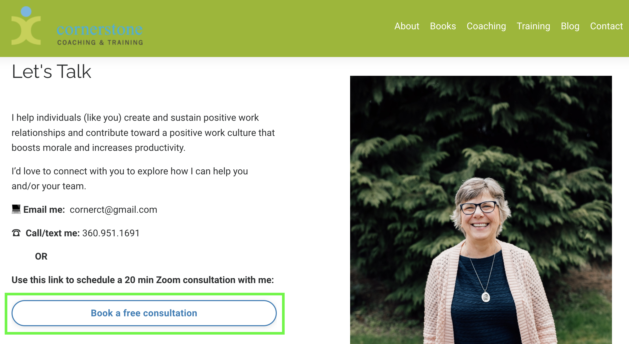 Coach Better Lochner has a Book a free consultation button on the website of her coaching business