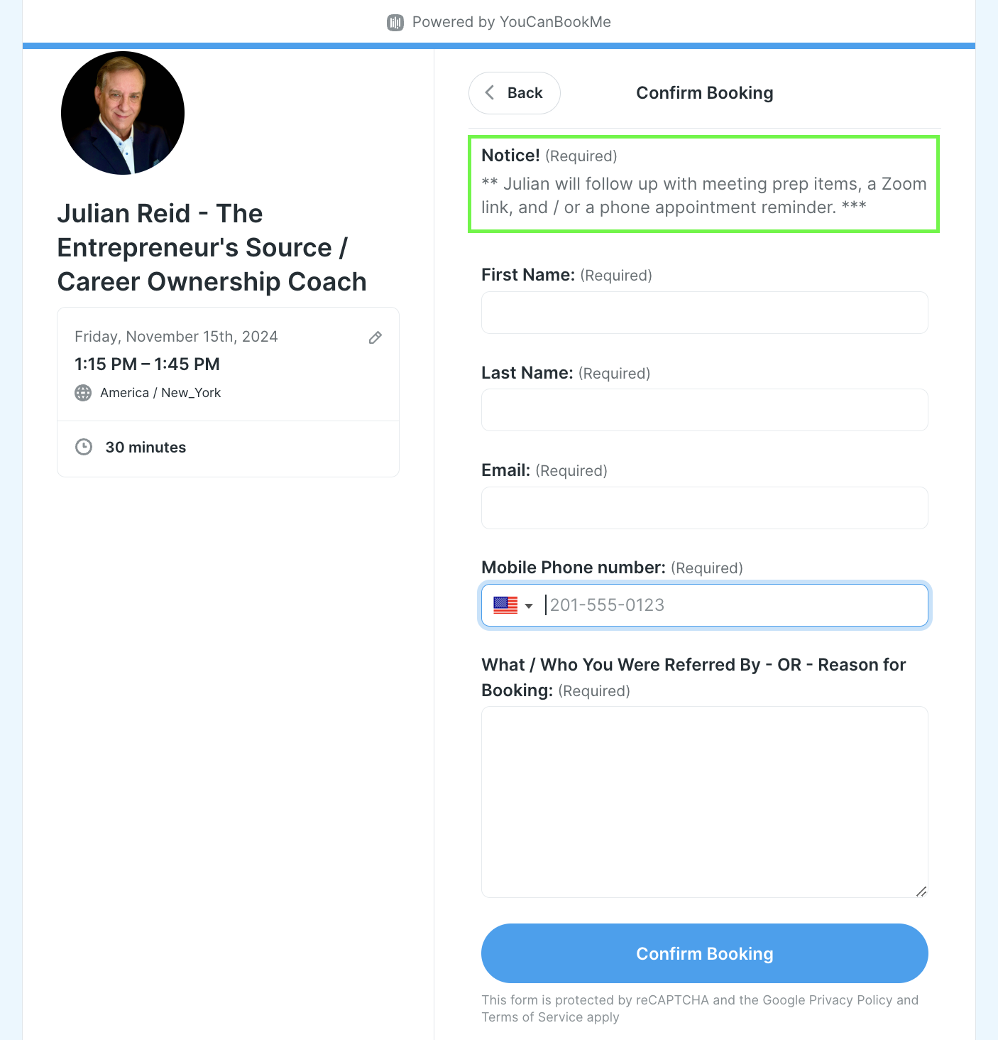 Coach Julian Reid's YouCanBookMe booking form for his coaching business