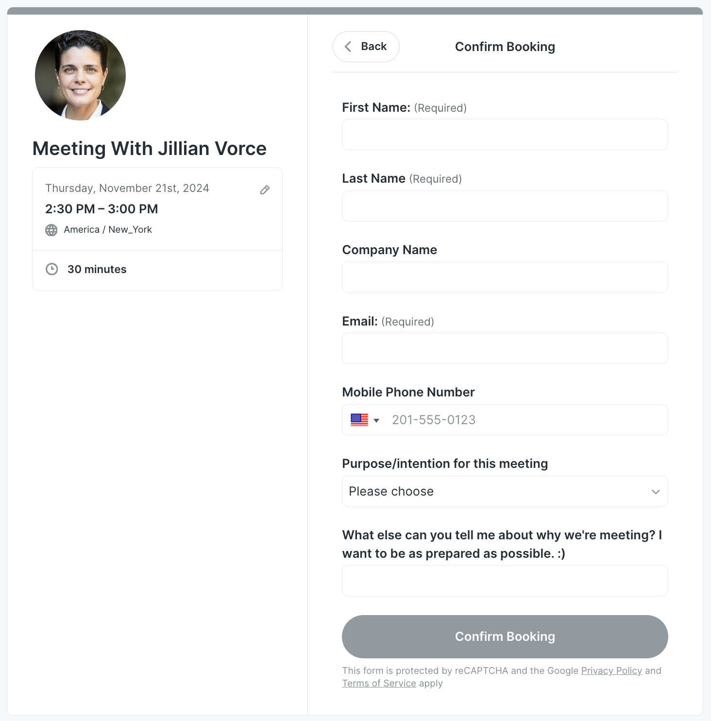 Jillian Vorce's YouCanBookMe booking form for her coaching business
