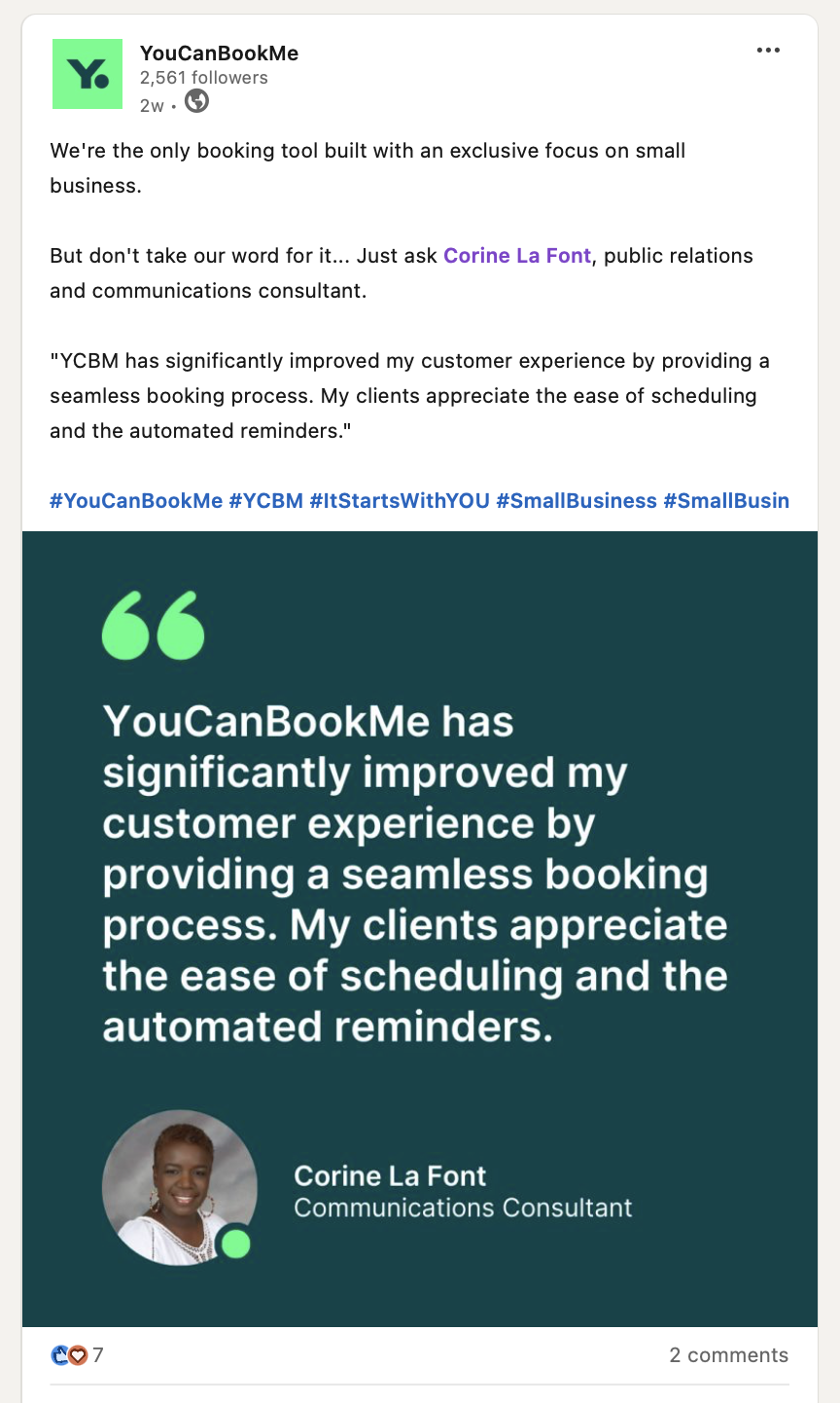 Client review for YouCanBookMe on LinkedIn