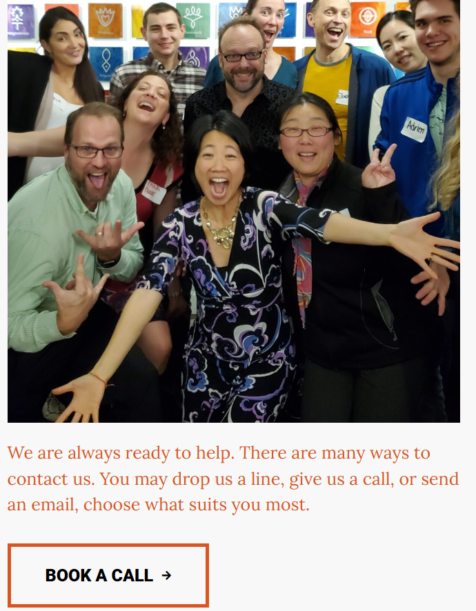 Anna Choi, surrounded by a joyful group, invites visitors to book a call using the prominent 'Book a Call' button below.