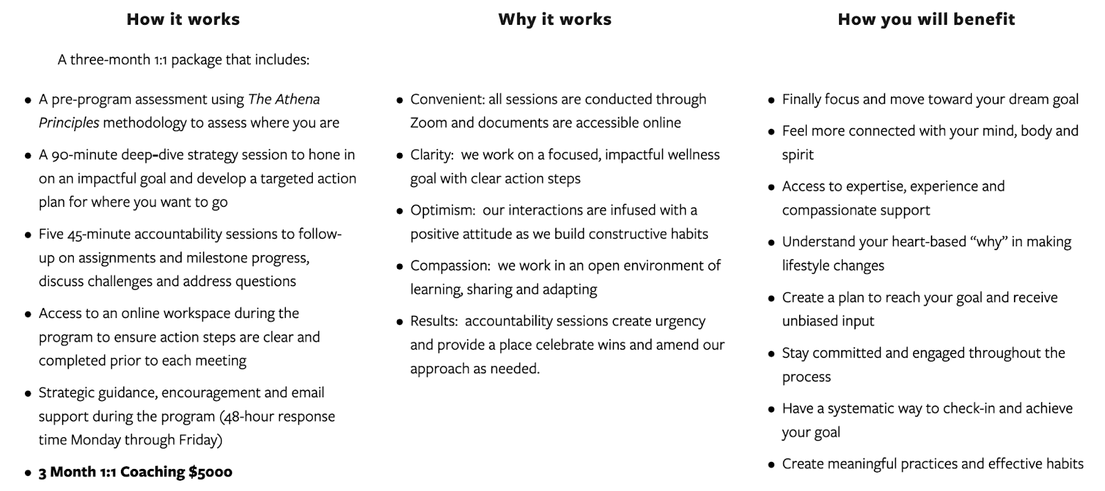 Details of a three-month 1:1 coaching package, highlighting the program's structure, benefits, and focus on personalized strategy, accountability, and transformative growth.