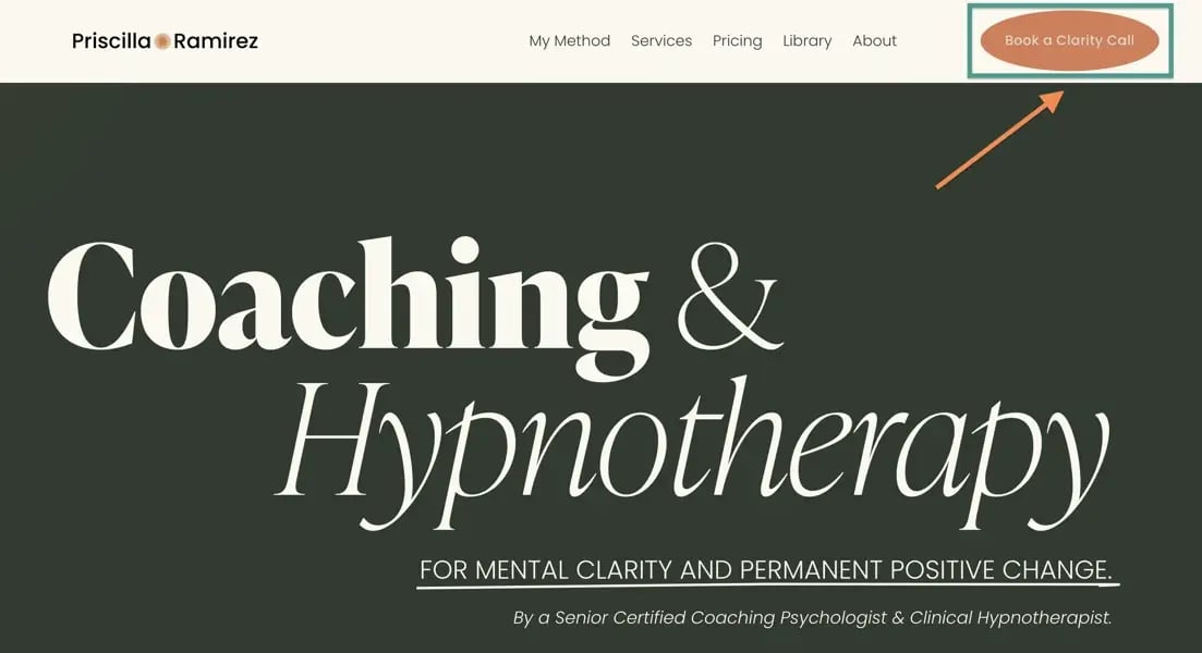 Website banner for Priscilla Ramirez featuring 'Coaching & Hypnotherapy' services with a call-to-action button to 'Book a Clarity Call'