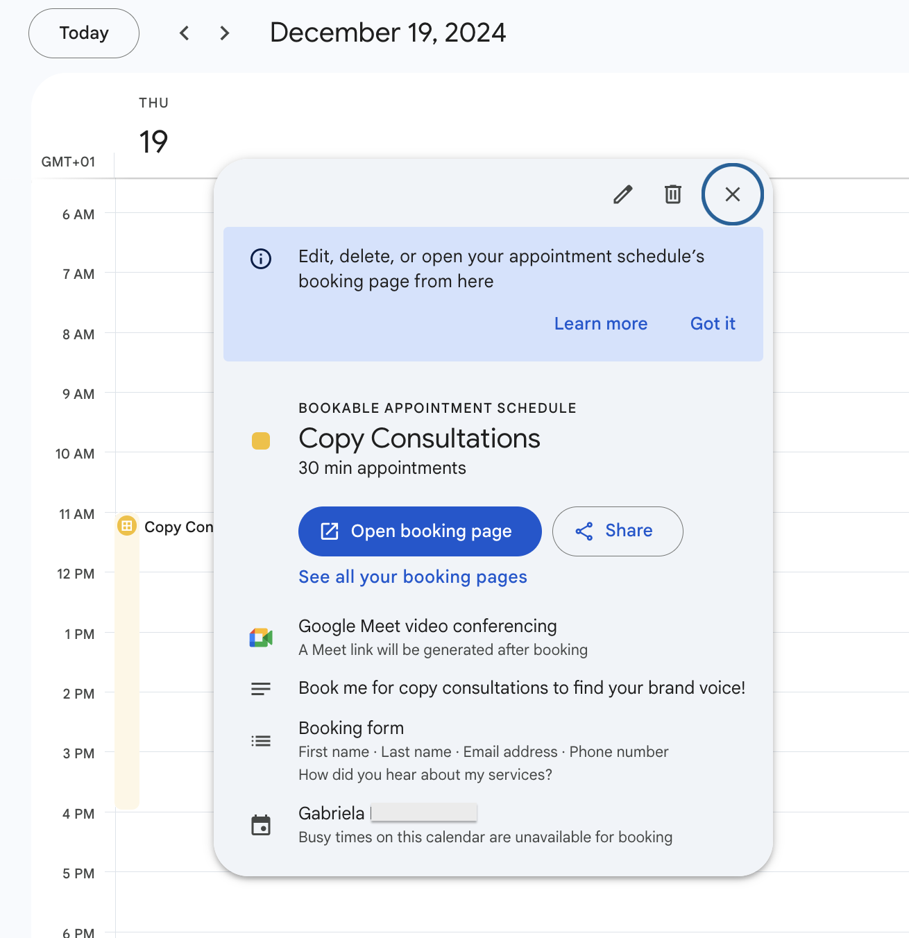 Google Appointment Scheduler booking page overview