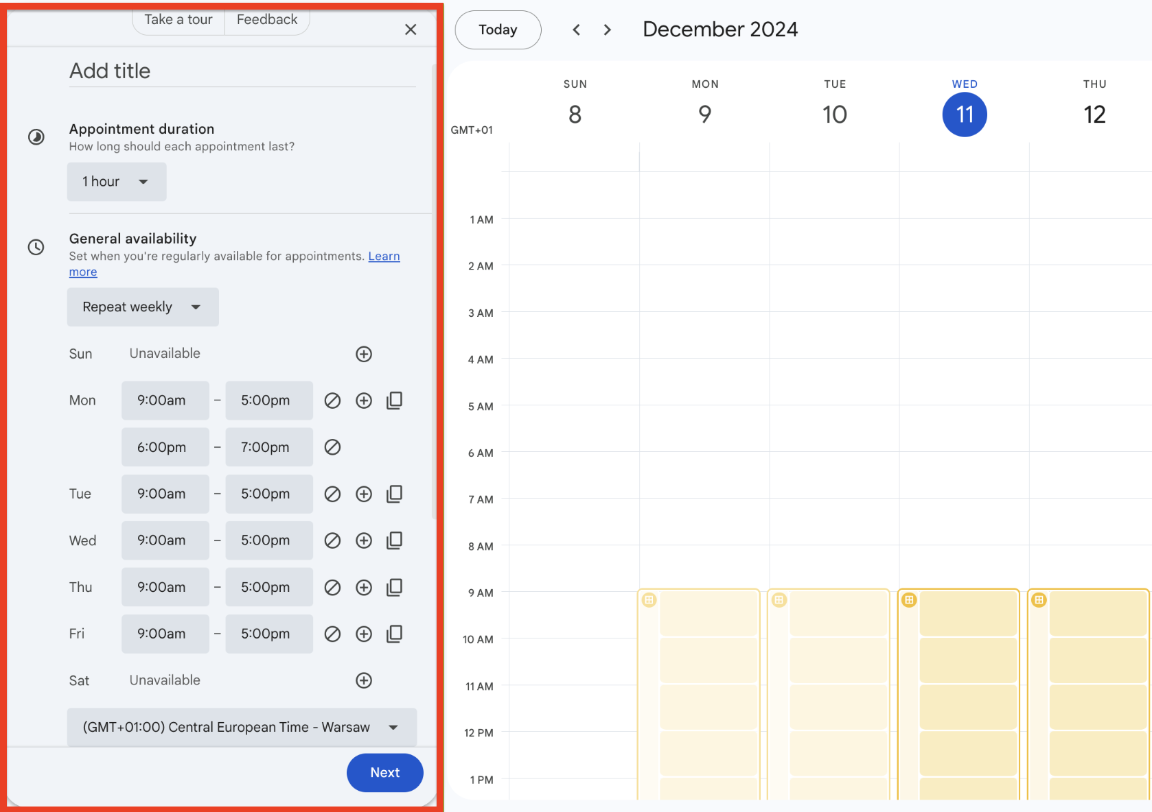 Google Appointment Scheduler settings