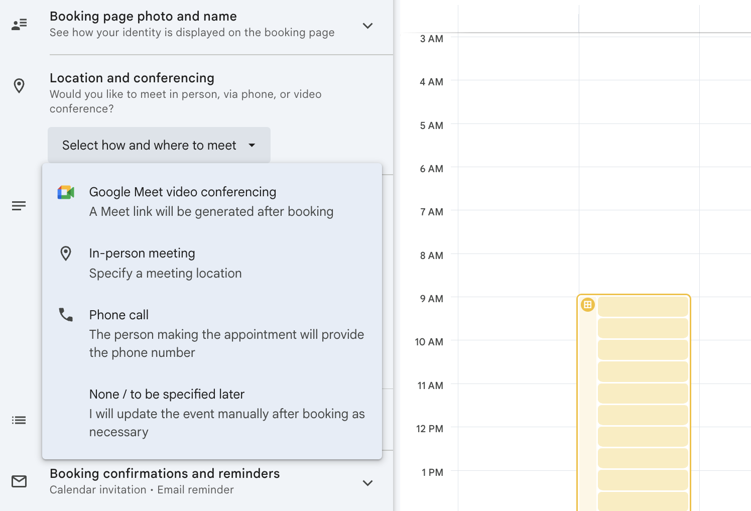 Google appointment scheduler location and conferencing settings