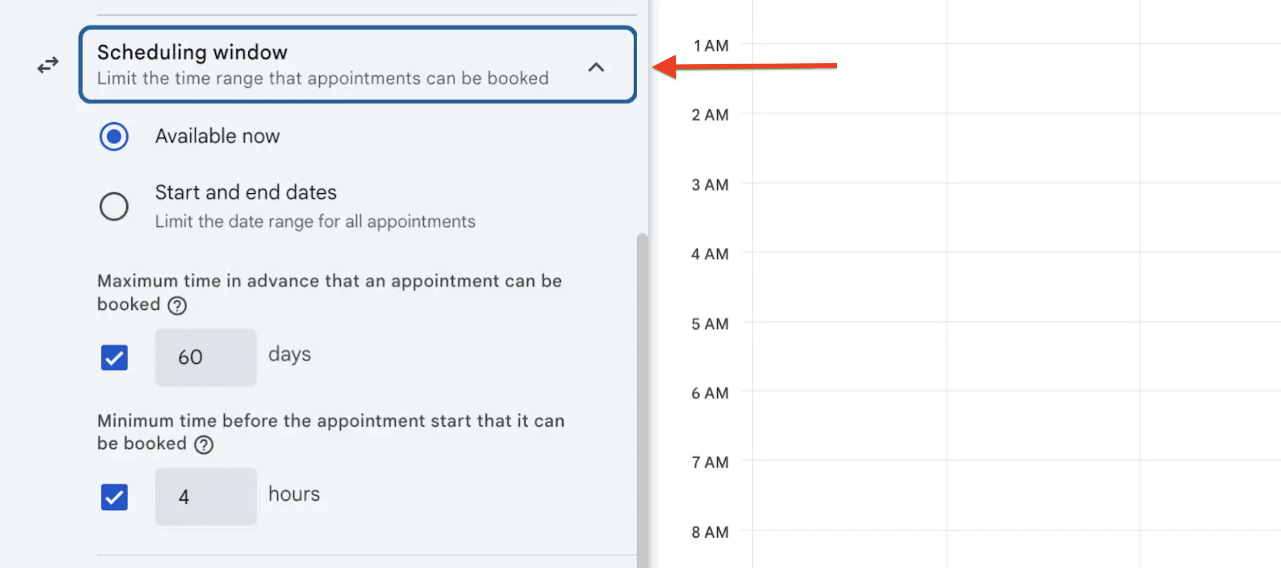 Google appointment scheduling window settings