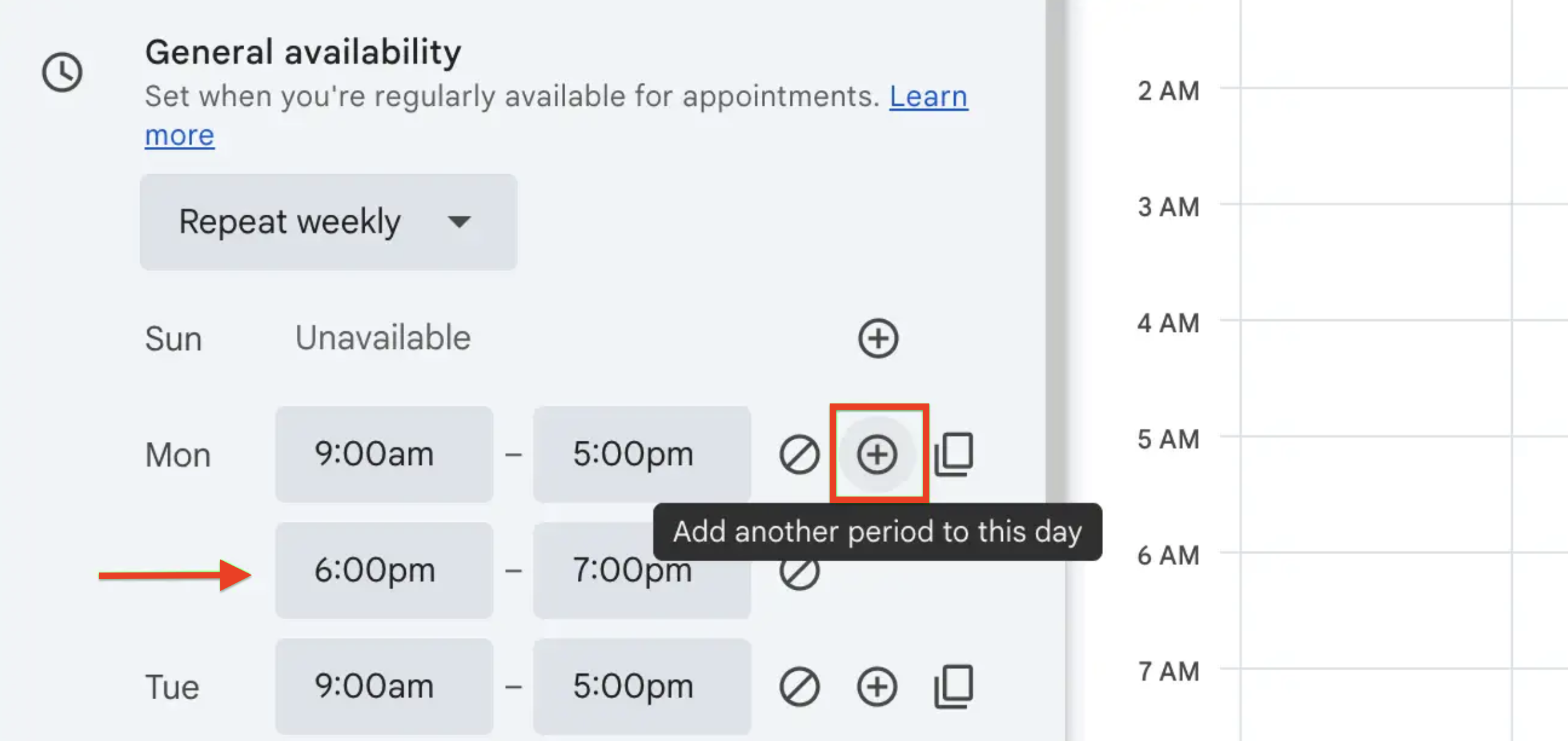 How to add another period to a day in Google appointment scheduler_s general availability settings