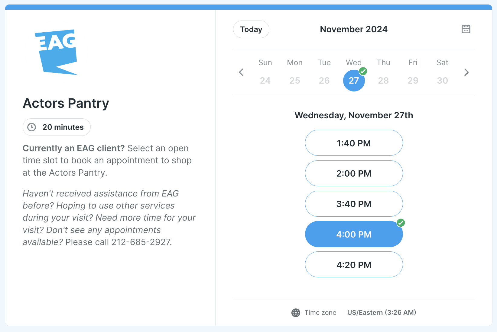 Actors Pantry YouCanBookMe booking page for scheduling food bank visits