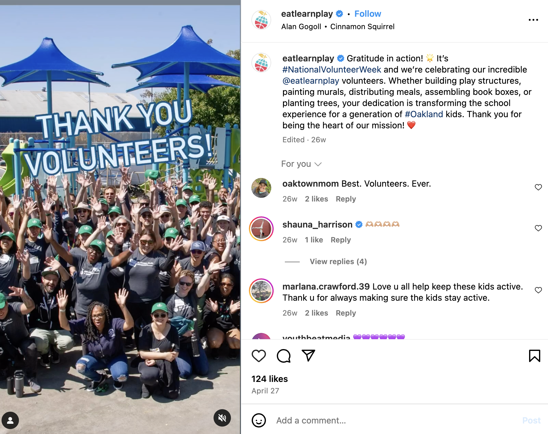 Eat Learn Play says thank you to volunteers in an Instagram post