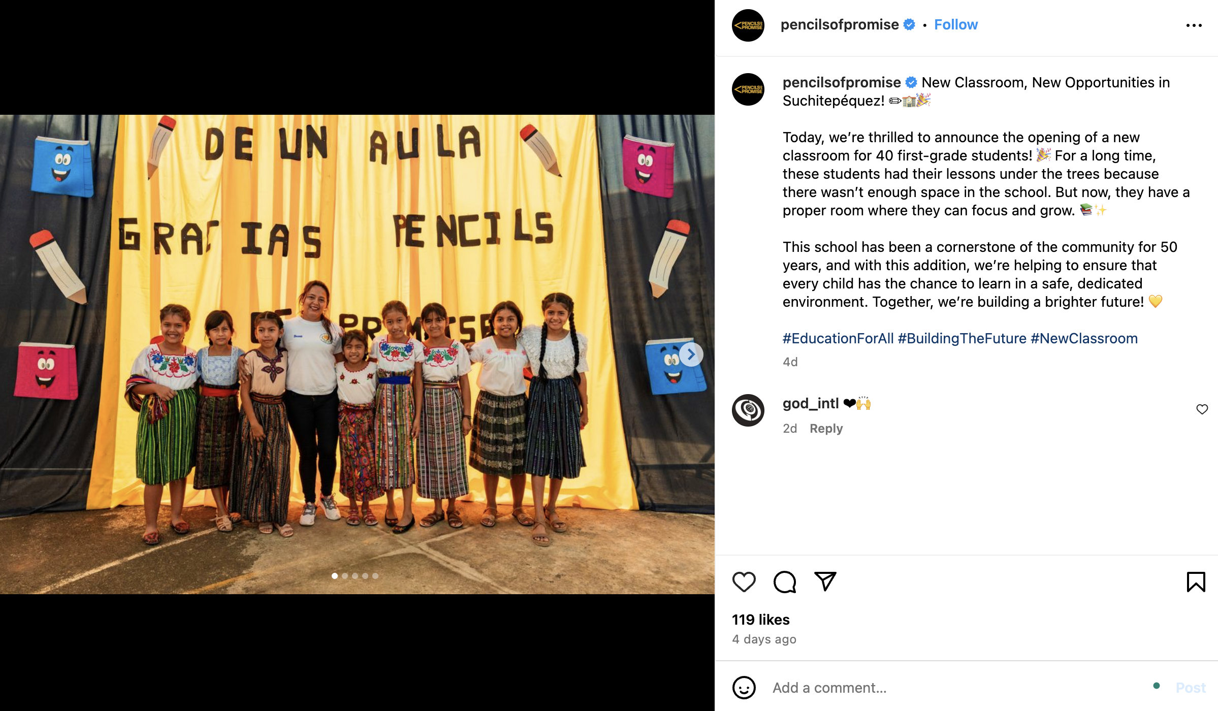 Pencils of promise shares an impact story on Instagram to aid donations and volunteer recruitment